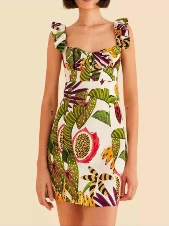 FARM Rio Dresses & Skirts - Tropical Print Ruffle Strap Mini Dress - White & Green